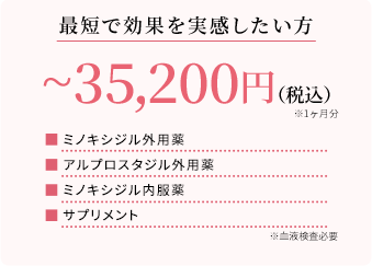 最短で効果を実感したい方 ~35,200円（税込）※1ヶ月分 ミノキシジル外用薬 アルプロスタジル外用薬 ミノキシジル内服薬 サプリメント ※血液検査必要